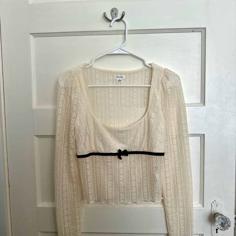 Cream Lace Long Sleeve Top with Black Bow